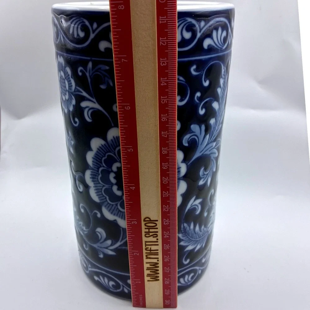 Pier 1 Cylinder Vase 7.75in Cobalt Blue White Chinoiserie Floral Ceramic Decor
